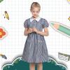 Sunny Fashion Girls Dress Beige Short Sleeve Collar Button Front School Uniform(Dark Blue)