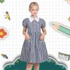 Sunny Fashion Girls Dress Beige Short Sleeve Collar Button Front School Uniform(Dark Blue)
