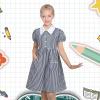 Sunny Fashion Girls Dress Beige Short Sleeve Collar Button Front School Uniform(Dark Blue)