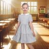 Sunny Fashion Girls Dress Beige Short Sleeve Collar Button Front School Uniform(Light Gray)