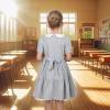 Sunny Fashion Girls Dress Beige Short Sleeve Collar Button Front School Uniform(Light Gray)