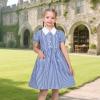 Sunny Fashion Girls Dress Beige Short Sleeve Collar Button Front School Uniform(Navy Gingham)