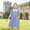 Sunny Fashion Girls Dress Beige Short Sleeve Collar Button Front School Uniform(Navy Gingham)