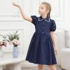 Sunny Fashion Girls Dress Beige Short Sleeve Collar Button Front School Uniform(Night Blue)