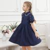 Sunny Fashion Girls Dress Beige Short Sleeve Collar Button Front School Uniform(Night Blue)