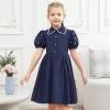Sunny Fashion Girls Dress Beige Short Sleeve Collar Button Front School Uniform(Night Blue)