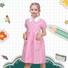 Sunny Fashion Girls Dress Beige Short Sleeve Collar Button Front School Uniform(Pink White)