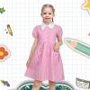 Sunny Fashion Girls Dress Beige Short Sleeve Collar Button Front School Uniform(Pink White)