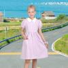 Sunny Fashion Girls Dress Beige Short Sleeve Collar Button Front School Uniform(Purple Gingham)