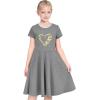 Sunny Fashion Girls Dress Colorful Striped Knitted Cotton Stretch School(Gray Gold Heart)