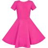 Sunny Fashion Girls Dress Colorful Striped Knitted Cotton Stretch School(Pink Short Sleeve)