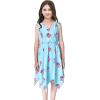 Sunny Fashion Girls Dress Flower Print Hanky Hem Princess Size 7-14(Blue Flag)
