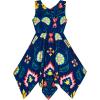Sunny Fashion Girls Dress Flower Print Hanky Hem Princess Size 7-14(Navy Blue)