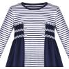 Sunny Fashion Girls Dress Long Sleeve Butterfly Color Contrast Casual Wearing(Navy Blue Striped)