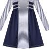Sunny Fashion Girls Dress Long Sleeve Butterfly Color Contrast Casual Wearing(Navy Blue Striped)