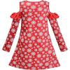 Sunny Fashion Girls Dress Long Sleeve Daisy Flower Striped Casual Cotton(Red Heart Snow)