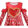 Sunny Fashion Girls Dress Long Sleeve Daisy Flower Striped Casual Cotton(Red Heart Snow)