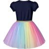 Sunny Fashion Girls Dress Purple Short Sleeve Rainbow Tulle Skirt Birthday Party(Blue)