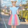Sunny Fashion Girls Dress Purple Short Sleeve Rainbow Tulle Skirt Birthday Party(Blue Rainbow)