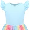 Sunny Fashion Girls Dress Purple Short Sleeve Rainbow Tulle Skirt Birthday Party(Blue Rainbow)