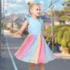 Sunny Fashion Girls Dress Purple Short Sleeve Rainbow Tulle Skirt Birthday Party(Blue Rainbow)