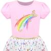 Sunny Fashion Girls Dress Purple Short Sleeve Rainbow Tulle Skirt Birthday Party(Pink Rainbow)