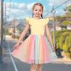Sunny Fashion Girls Dress Purple Short Sleeve Rainbow Tulle Skirt Birthday Party(Yellow Rainbow)