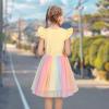 Sunny Fashion Girls Dress Purple Short Sleeve Rainbow Tulle Skirt Birthday Party(Yellow Rainbow)
