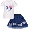Sunny Fashion Girls Gray 2 Piece Shirt Butterfly Multicolor Rainbow Floral Skirt(Blue)