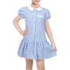 Sunny Fashion Girls Dress Beige Short Sleeve Collar Button Front School Uniform(Blue Striped)