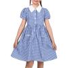 Sunny Fashion Girls Dress Beige Short Sleeve Collar Button Front School Uniform(Navy Gingham)