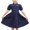 Sunny Fashion Girls Dress Beige Short Sleeve Collar Button Front School Uniform(Night Blue)