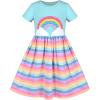Sunny Fashion Girls Dress Colorful Striped Knitted Cotton Stretch School(Blue Rainbow)