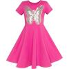 Sunny Fashion Girls Dress Colorful Striped Knitted Cotton Stretch School(Pink Short Sleeve)