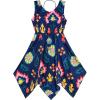 Sunny Fashion Girls Dress Flower Print Hanky Hem Princess Size 7-14(Navy Blue)