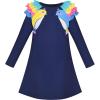 Sunny Fashion Girls Dress Long Sleeve Butterfly Color Contrast Casual Wearing(Navy Blue Bird)