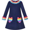Sunny Fashion Girls Dress Long Sleeve Butterfly Color Contrast Casual Wearing(Navy Blue Heart)