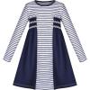 Sunny Fashion Girls Dress Long Sleeve Butterfly Color Contrast Casual Wearing(Navy Blue Striped)