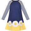 Sunny Fashion Girls Dress Long Sleeve Daisy Flower Striped Casual Cotton(Blue Flower)