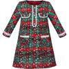 Sunny Fashion Girls Dress Long Sleeve Daisy Flower Striped Casual Cotton(Green Red Tweed)
