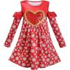 Sunny Fashion Girls Dress Long Sleeve Daisy Flower Striped Casual Cotton(Red Heart Snow)