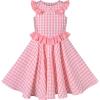 Sunny Fashion Girls Dress O-Neck Backless Smocked Embroidery Ruffle Vintage Sleeveless(Pink Plaid)
