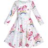Sunny Fashion Girls Dress Unicorn Rainbow Long Sleeve Casual Dress Size 3-8(White)
