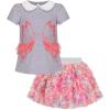 Sunny Fashion Girls Gray 2 Piece Shirt Butterfly Multicolor Rainbow Floral Skirt(Gray)