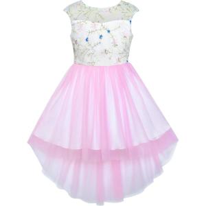 Sunny Fashion Flower Girl Dress Champagne Sequin Hi-Low Wedding Bridesmaid(Pink Embroidery)