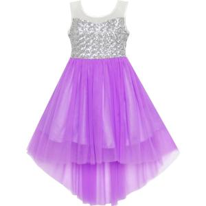 Sunny Fashion Flower Girl Dress Champagne Sequin Hi-Low Wedding Bridesmaid(Purple)