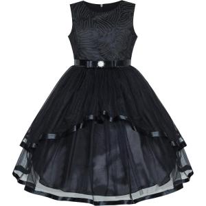 Sunny Fashion Flower Girls Dress Blue Belted Wedding Party Bridesmaid Size 4-12(Black)