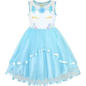 Sunny Fashion Flower Girls Dress Blue Belted Wedding Party Bridesmaid Size 4-12(Blue Unicorn)