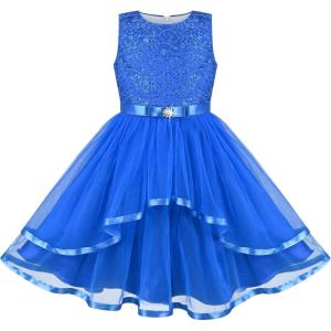 Sunny Fashion Flower Girls Dress Blue Belted Wedding Party Bridesmaid Size 4-12(Cobalt Blue)