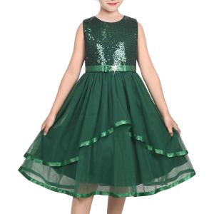 Sunny Fashion Flower Girls Dress Blue Belted Wedding Party Bridesmaid Size 4-12(Emerald Green)